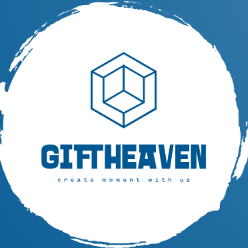 "GiftHeaven logo with a geometric gift box icon and the tagline 'create moment with us' on a blue and white background."